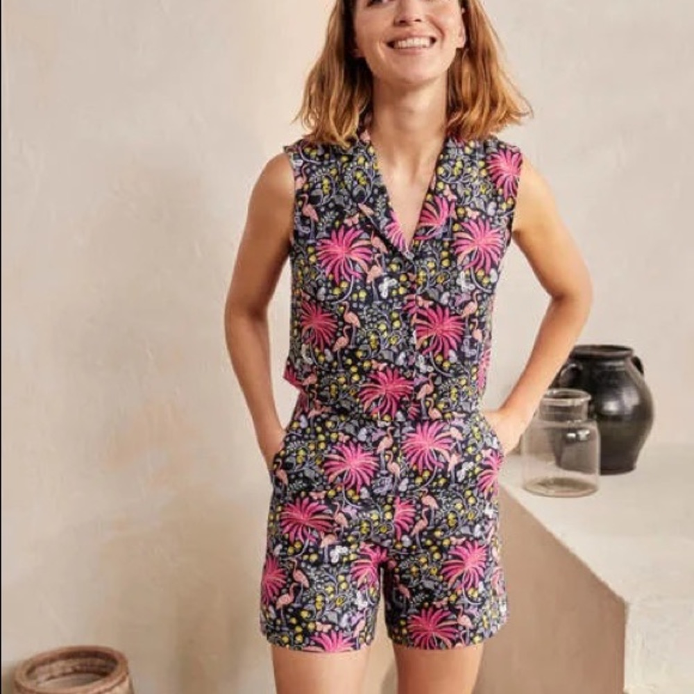 NEW Boden Georgina Linen Cropped Top Navy Tropical Charm Sz 16/18